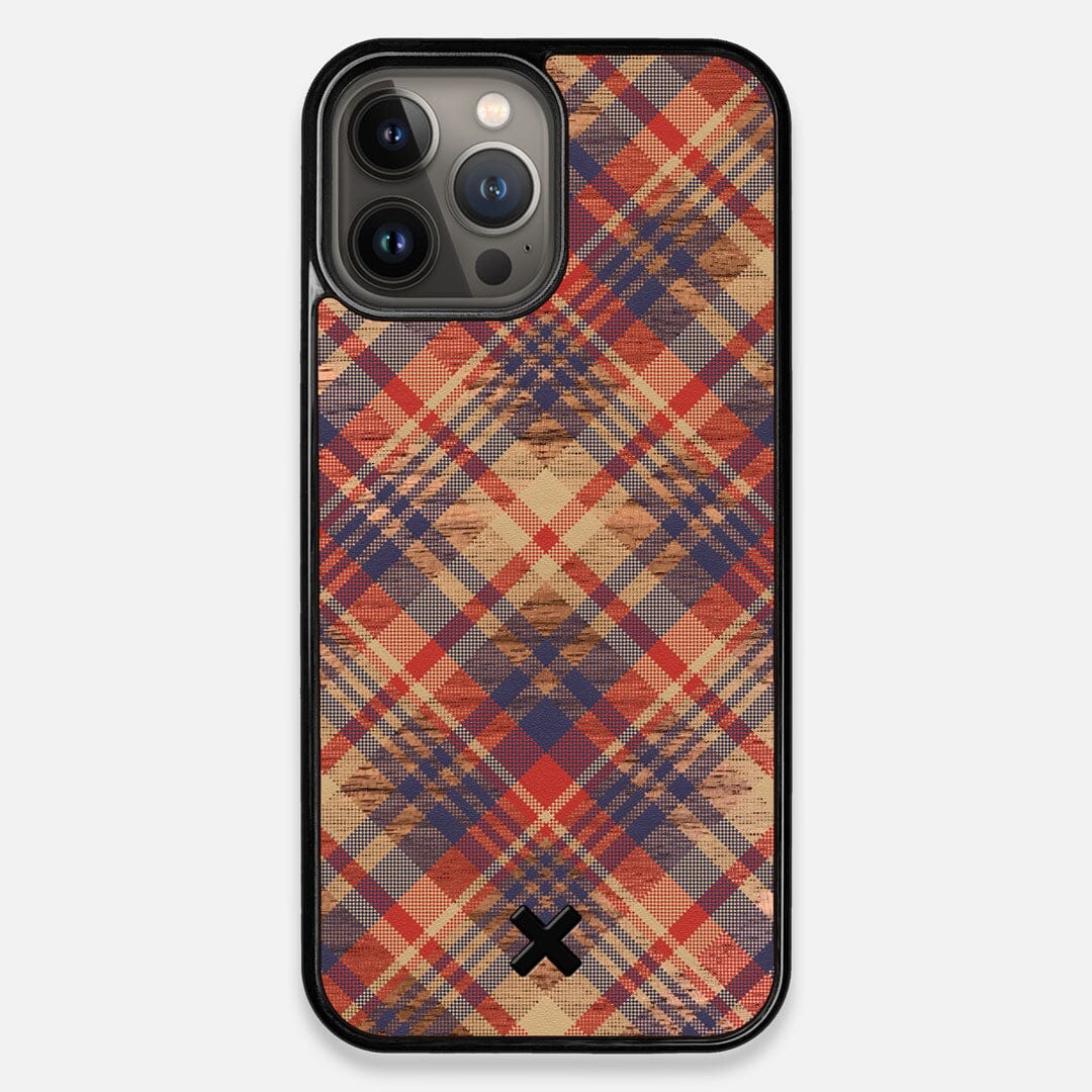 Front view of the Tartan print of beige, blue, and red on Walnut wood iPhone 13 Pro Max Case by Keyway Designs