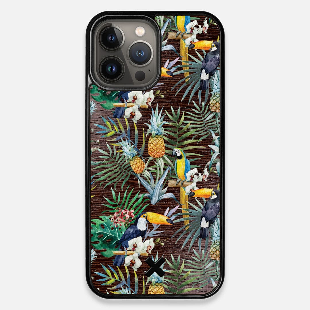 Front view of the Tropic Toucan and leaf printed Wenge Wood iPhone 13 Pro Max Case by Keyway Designs