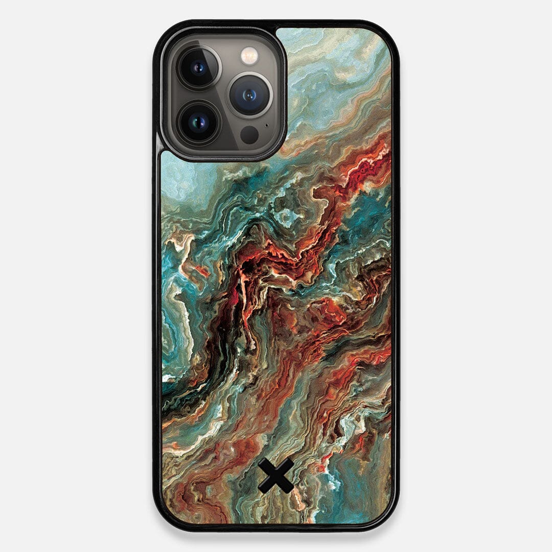 Front view of the vibrant and rich Red & Green flowing marble pattern printed Wenge Wood iPhone 13 Pro Max Case by Keyway Designs