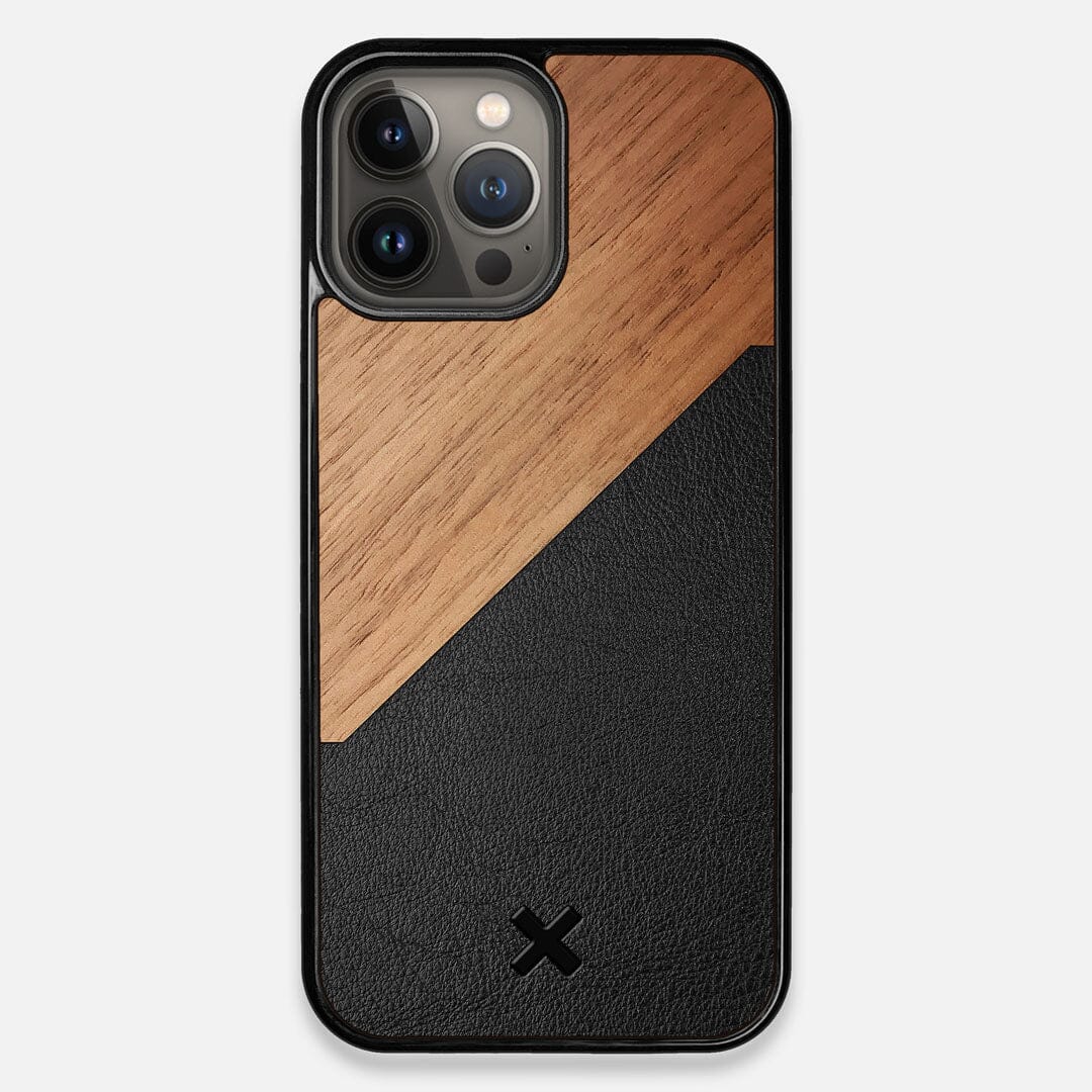 Front view of the Walnut Rift Elegant Wood & Leather iPhone 13 Pro Max Case by Keyway Designs
