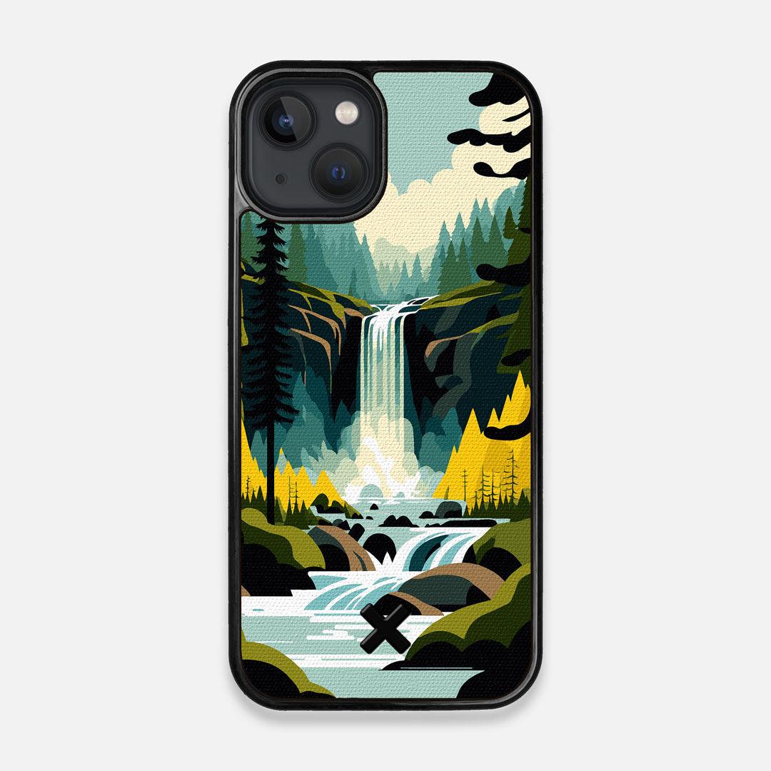 Front view of the stylized peaceful forest waterfall making it's way through the rocks printed to cotton canvas iPhone 13 MagSafe Case by Keyway Designs