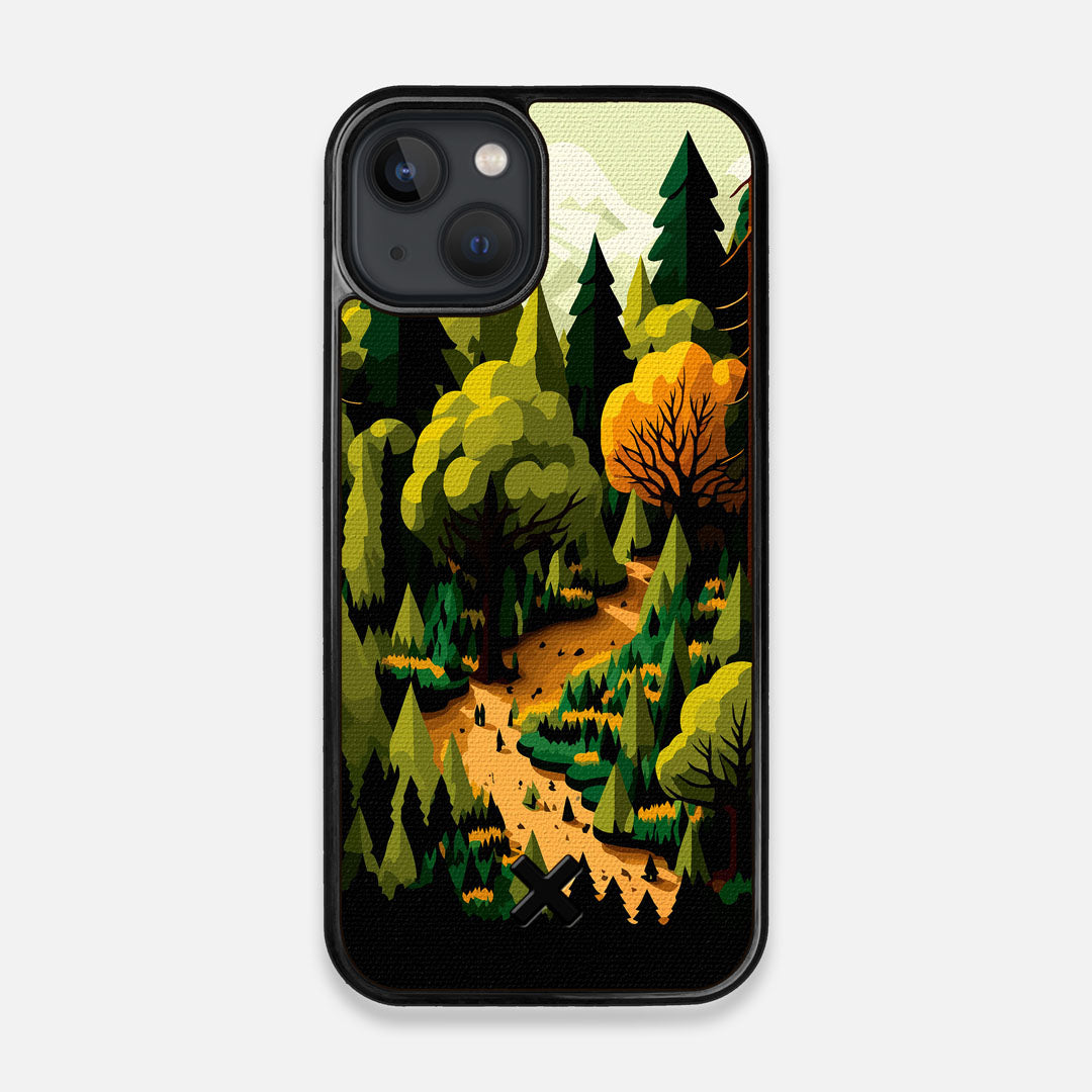 Front view of the stylized quiet forest path making it's way through the evergreen trees printed to cotton canvas iPhone 13 MagSafe Case by Keyway Designs