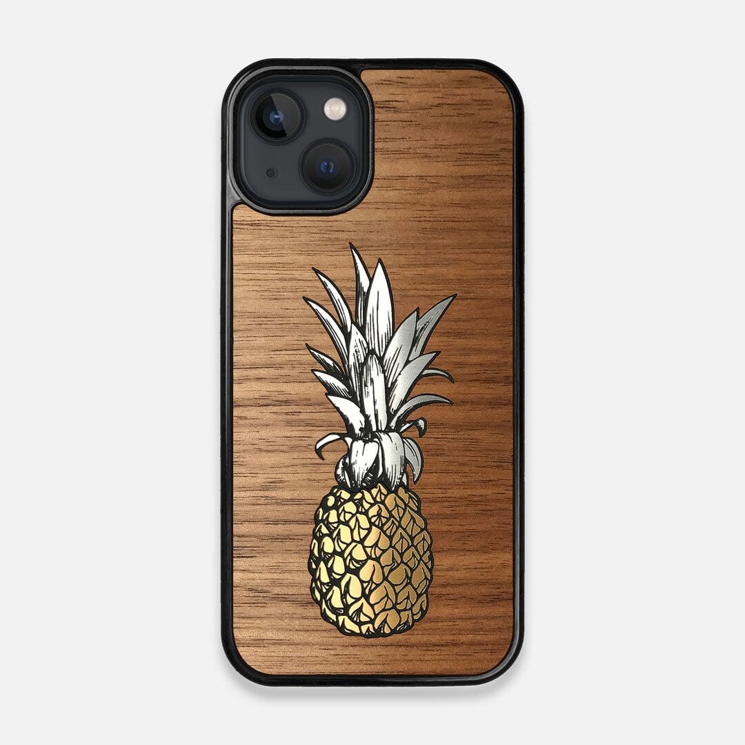 Front view of the Pineapple Walnut Wood iPhone 13 Case by Keyway Designs