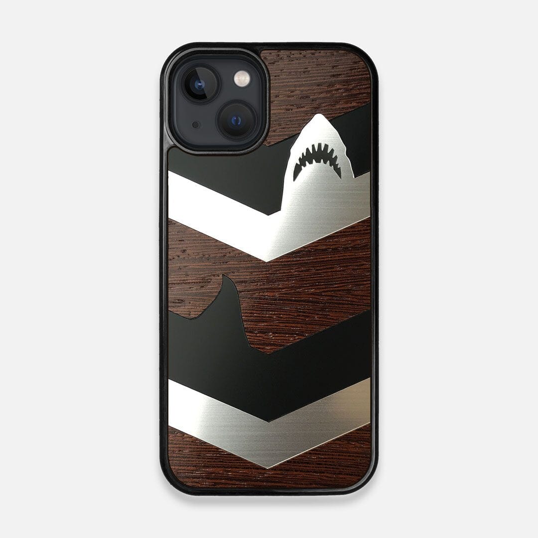 Front view of the Shark Chevron Dark By Parker Barrow Wenge Wood iPhone 13 MagSafe Case by Keyway Designs
