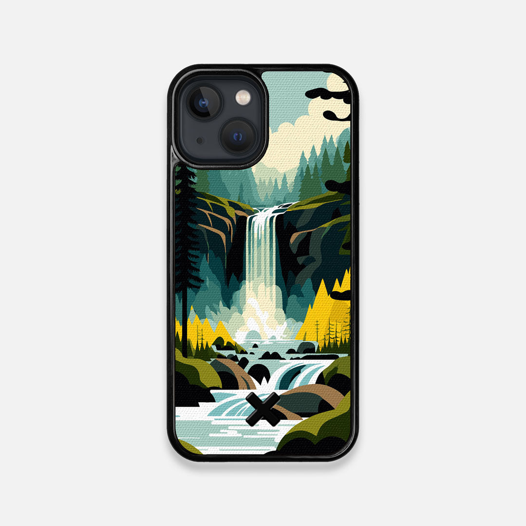 Front view of the stylized peaceful forest waterfall making it's way through the rocks printed to cotton canvas iPhone 13 Mini Case by Keyway Designs