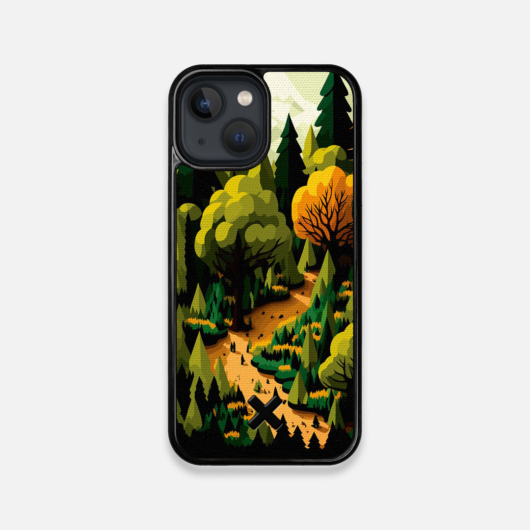 Front view of the stylized quiet forest path making it's way through the evergreen trees printed to cotton canvas iPhone 13 Mini Case by Keyway Designs