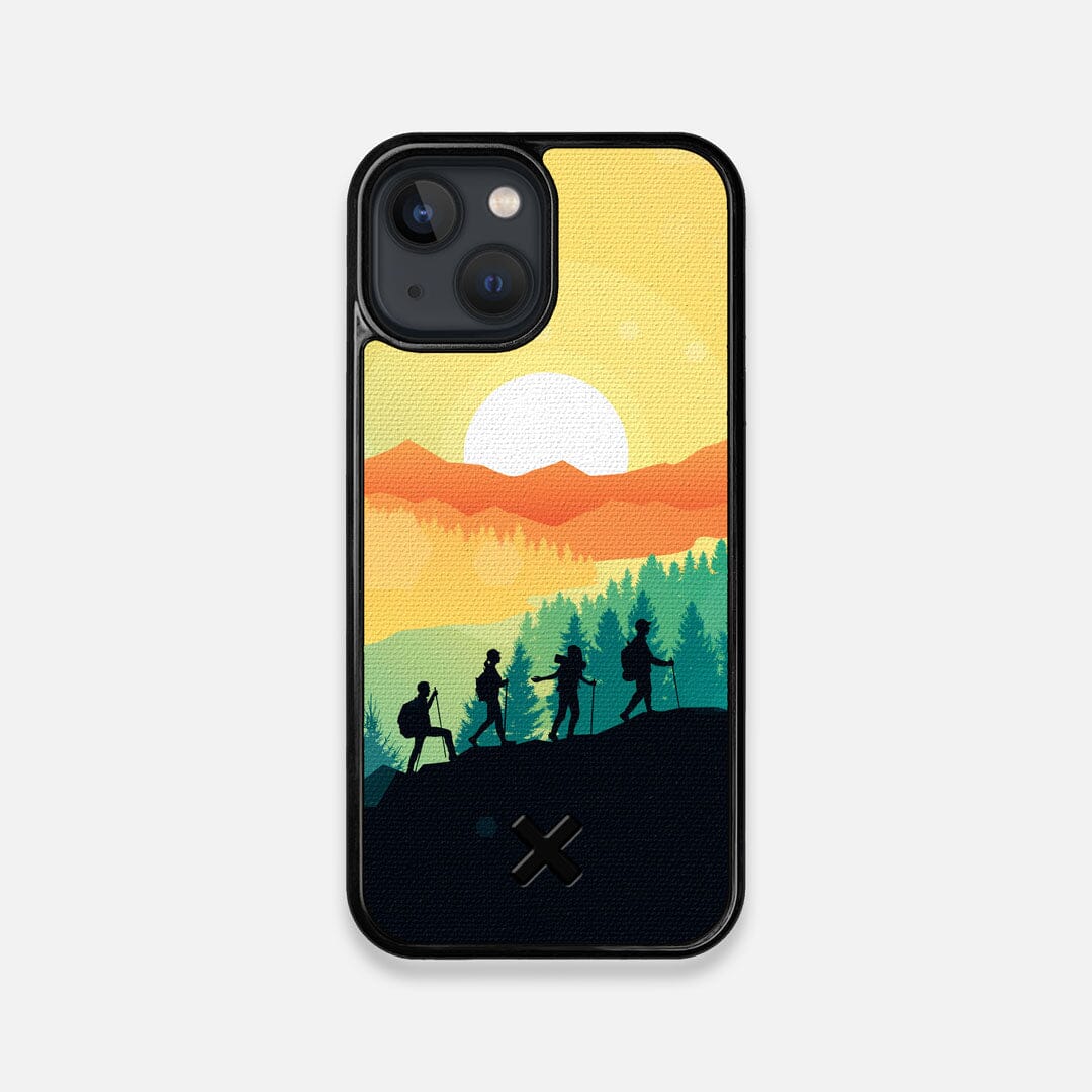 Front view of the stylized group of travellers on an expedition in the mountains printed to cotton canvas iPhone 13 Mini Case by Keyway Designs