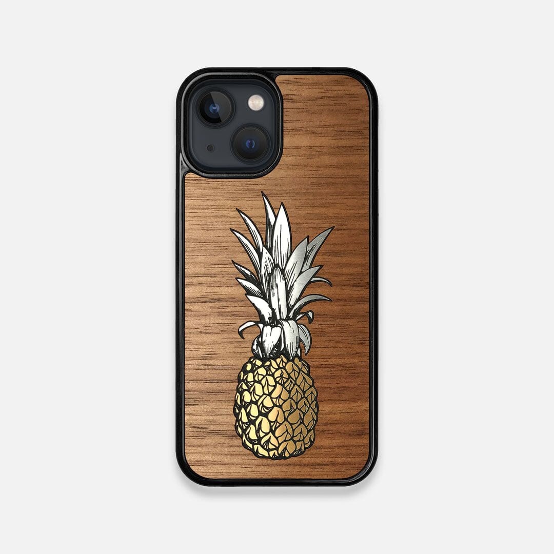 Front view of the Pineapple Walnut Wood iPhone 13 Mini Case by Keyway Designs