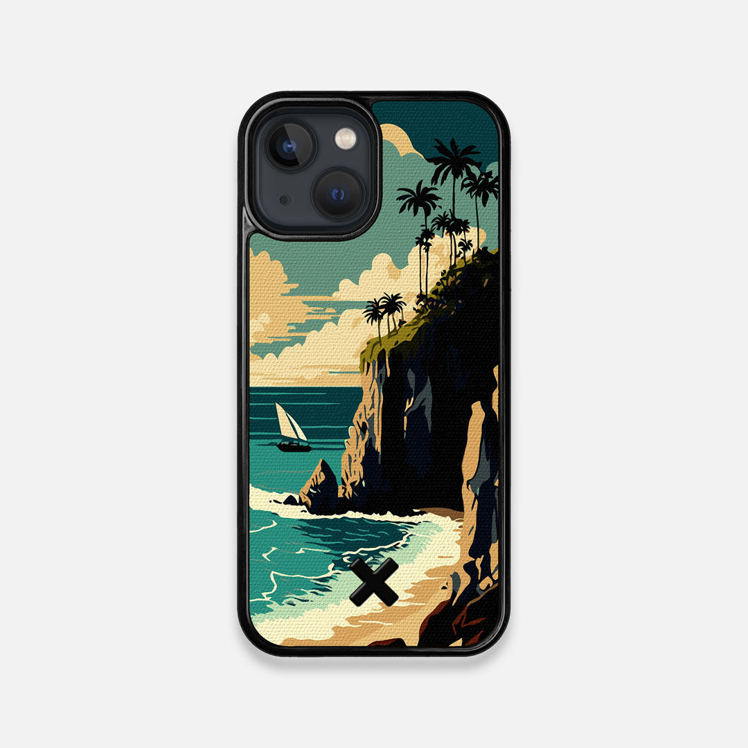 Front view of the stylized seaside bluff with the ocean waves crashing on the shore printed on cotton canvas iPhone 13 Mini Case by Keyway Designs