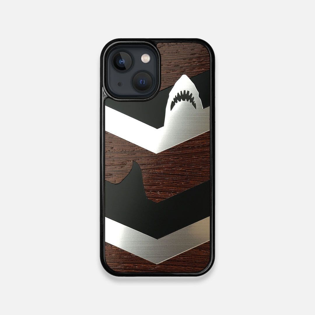 Front view of the Shark Chevron Dark By Parker Barrow Wenge Wood iPhone 13 Mini Case by Keyway Designs