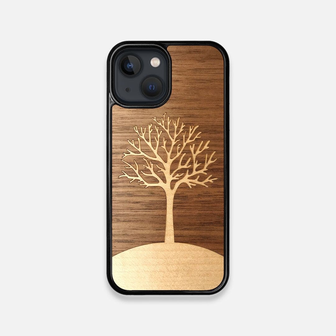 Front view of the Tree Of Life Walnut Wood iPhone 13 Mini Case by Keyway Designs