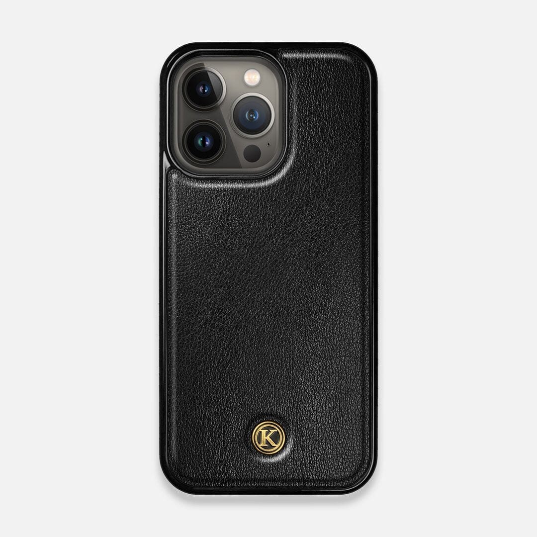 Front view of the Blank Black Leather iPhone 13 Pro Case by Keyway Designs