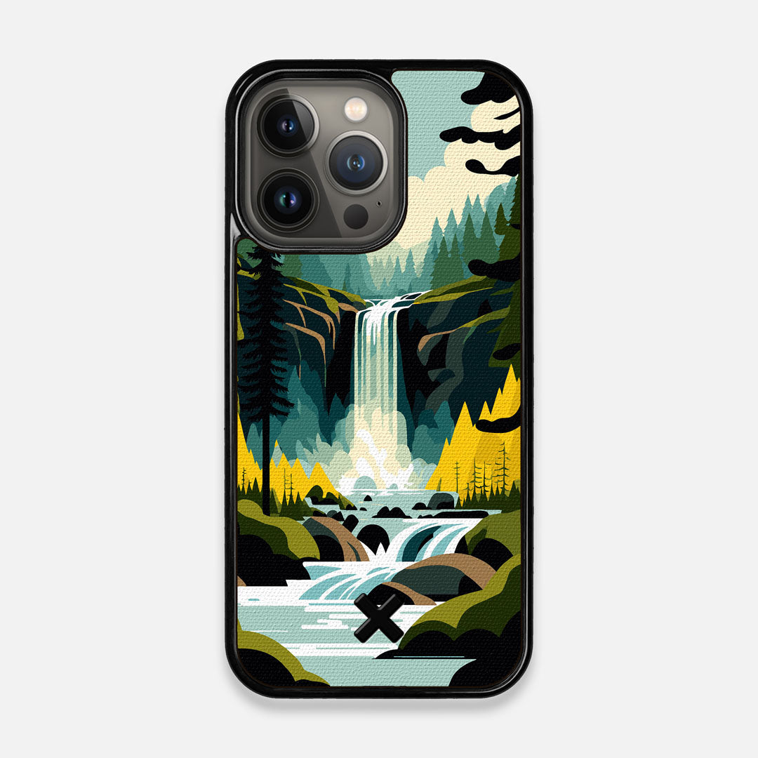 Front view of the stylized peaceful forest waterfall making it's way through the rocks printed to cotton canvas iPhone 13 Pro Case by Keyway Designs