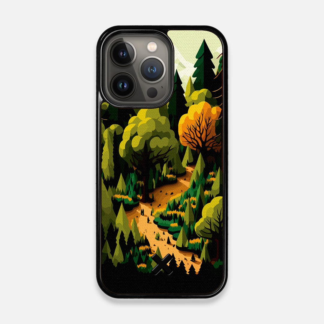 Front view of the stylized quiet forest path making it's way through the evergreen trees printed to cotton canvas iPhone 13 Pro Case by Keyway Designs