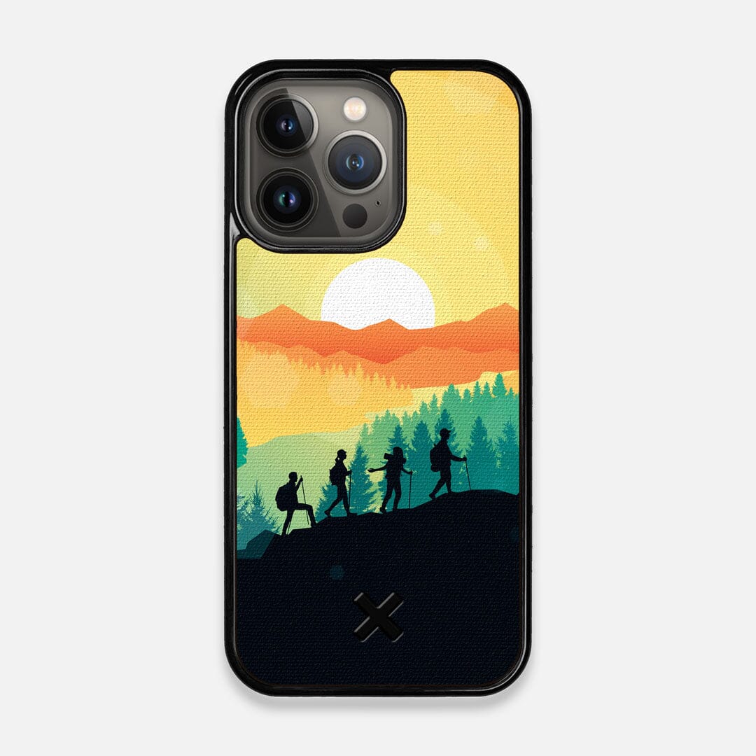 Front view of the stylized group of travellers on an expedition in the mountains printed to cotton canvas iPhone 13 Pro Case by Keyway Designs