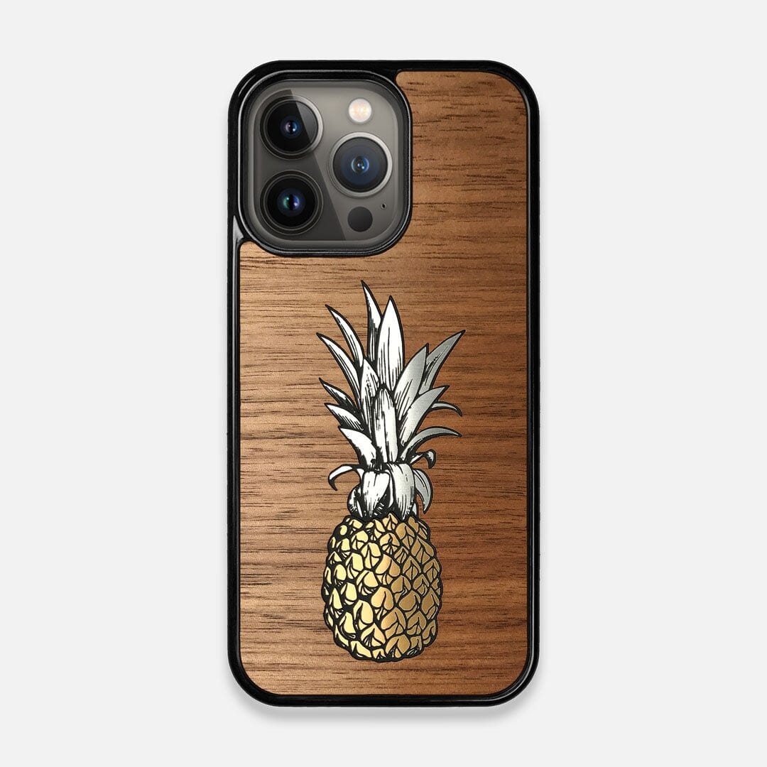 Front view of the Pineapple Walnut Wood iPhone 13 Pro Case by Keyway Designs