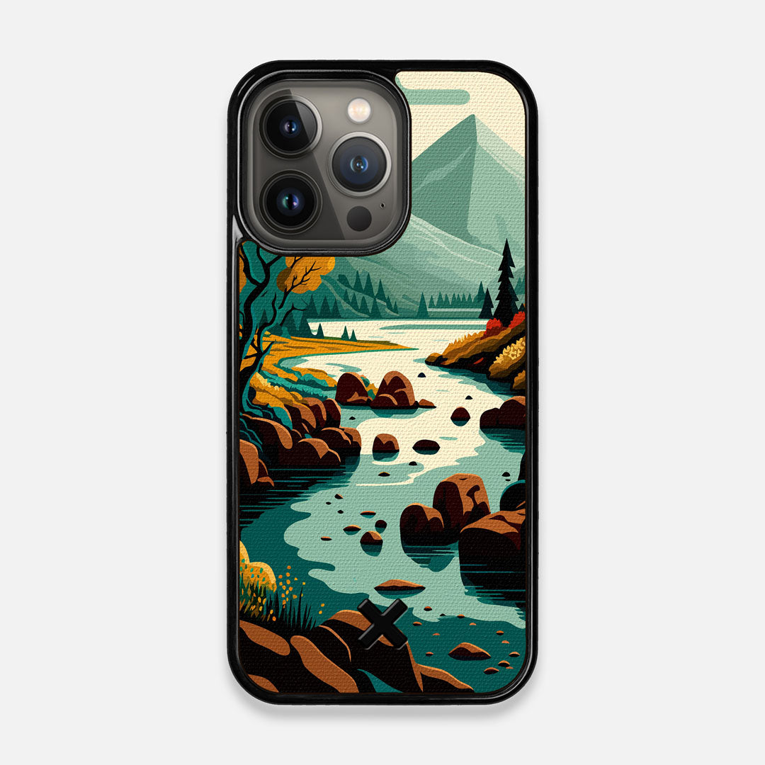 Front view of the stylized calm river flowing towards a lake at the base of the mountains printed to cotton canvas iPhone 13 Pro Case by Keyway Designs