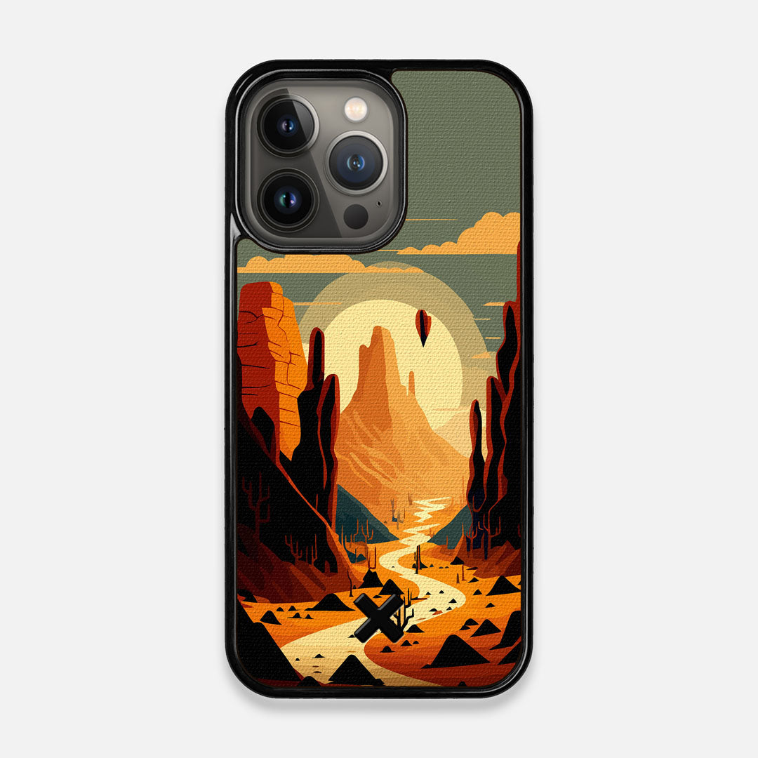 Front view of the stylized thin river cutting deep through a canyon sunset printed on cotton canvas iPhone 13 Pro Case by Keyway Designs