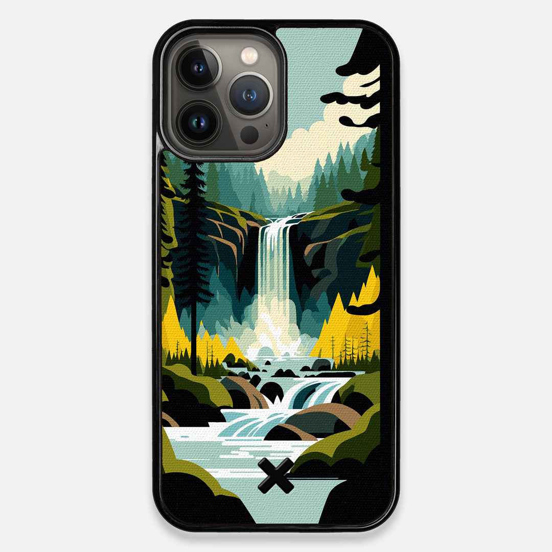 Front view of the stylized peaceful forest waterfall making it's way through the rocks printed to cotton canvas iPhone 13 Pro Max Case by Keyway Designs