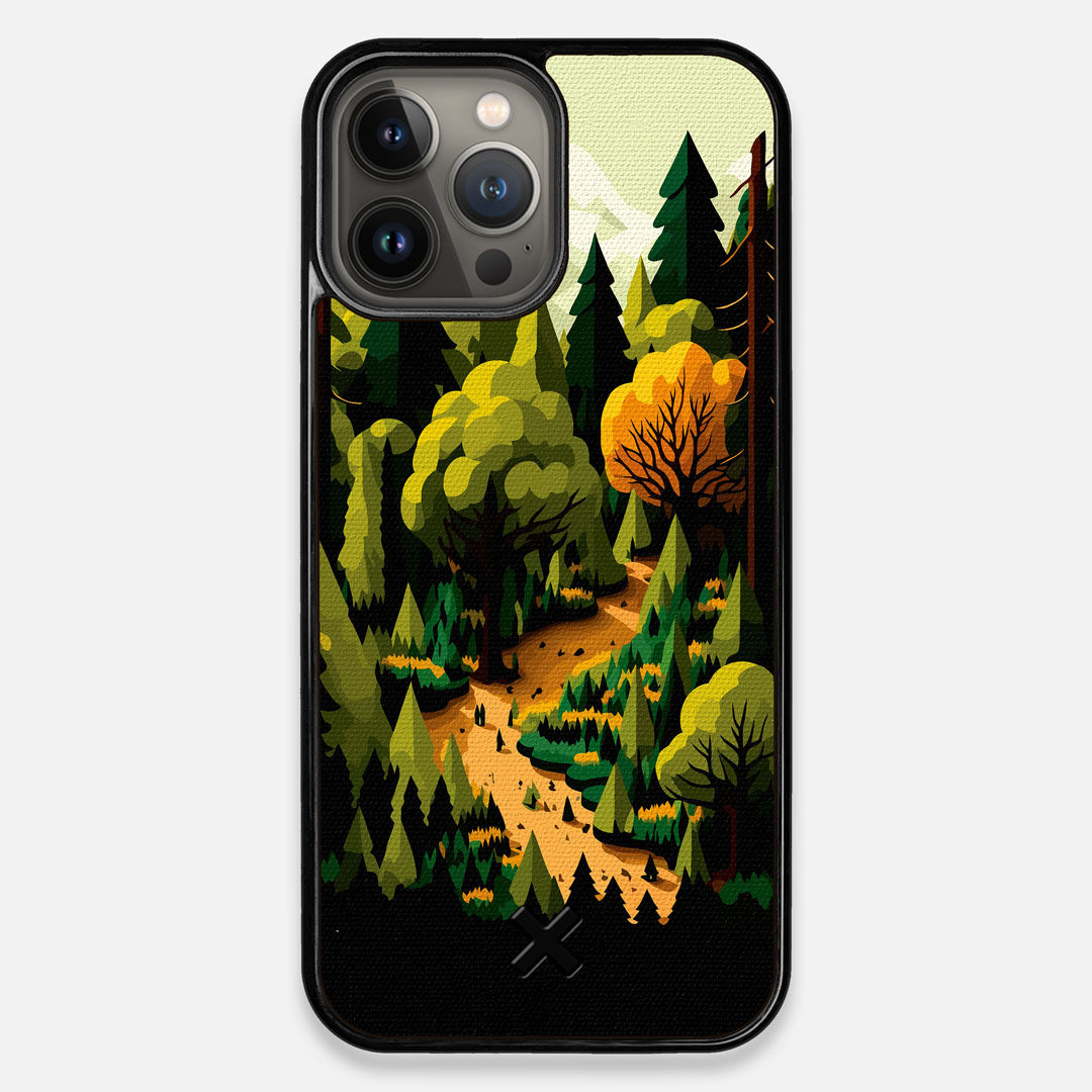 Front view of the stylized quiet forest path making it's way through the evergreen trees printed to cotton canvas iPhone 13 Pro Max Case by Keyway Designs