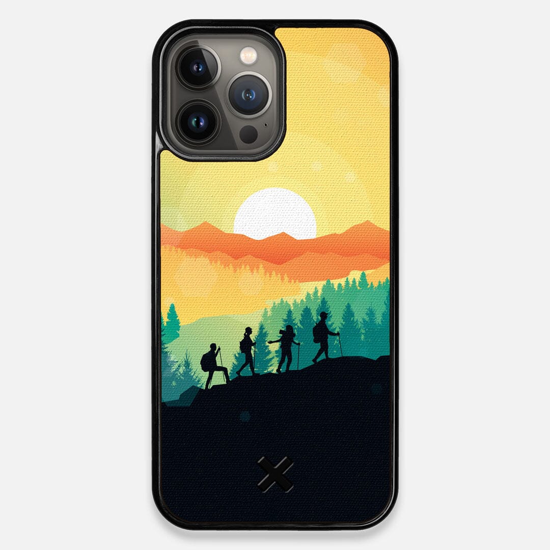Front view of the stylized group of travellers on an expedition in the mountains printed to cotton canvas iPhone 13 Pro Max Case by Keyway Designs