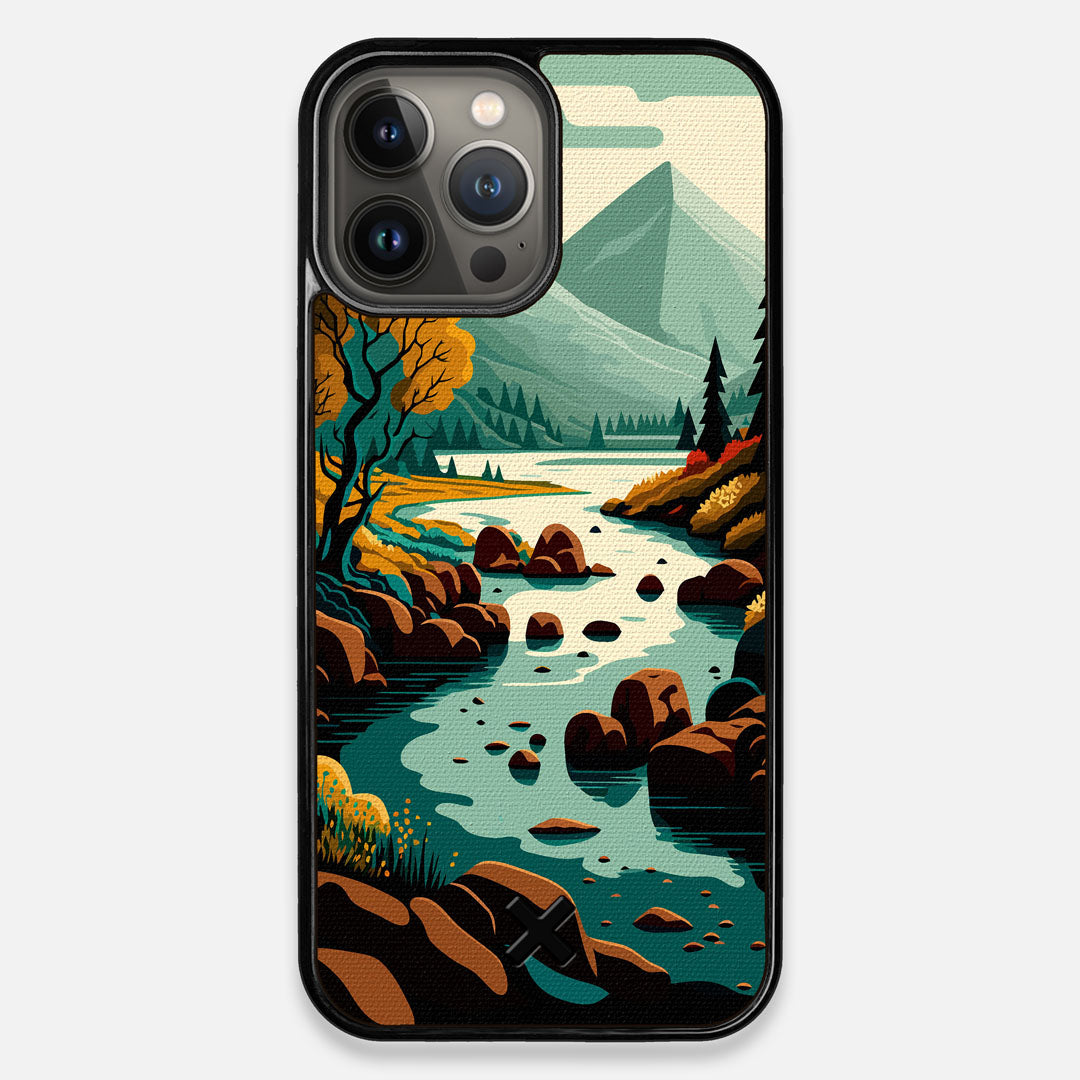 Front view of the stylized calm river flowing towards a lake at the base of the mountains printed to cotton canvas iPhone 13 Pro Max Case by Keyway Designs