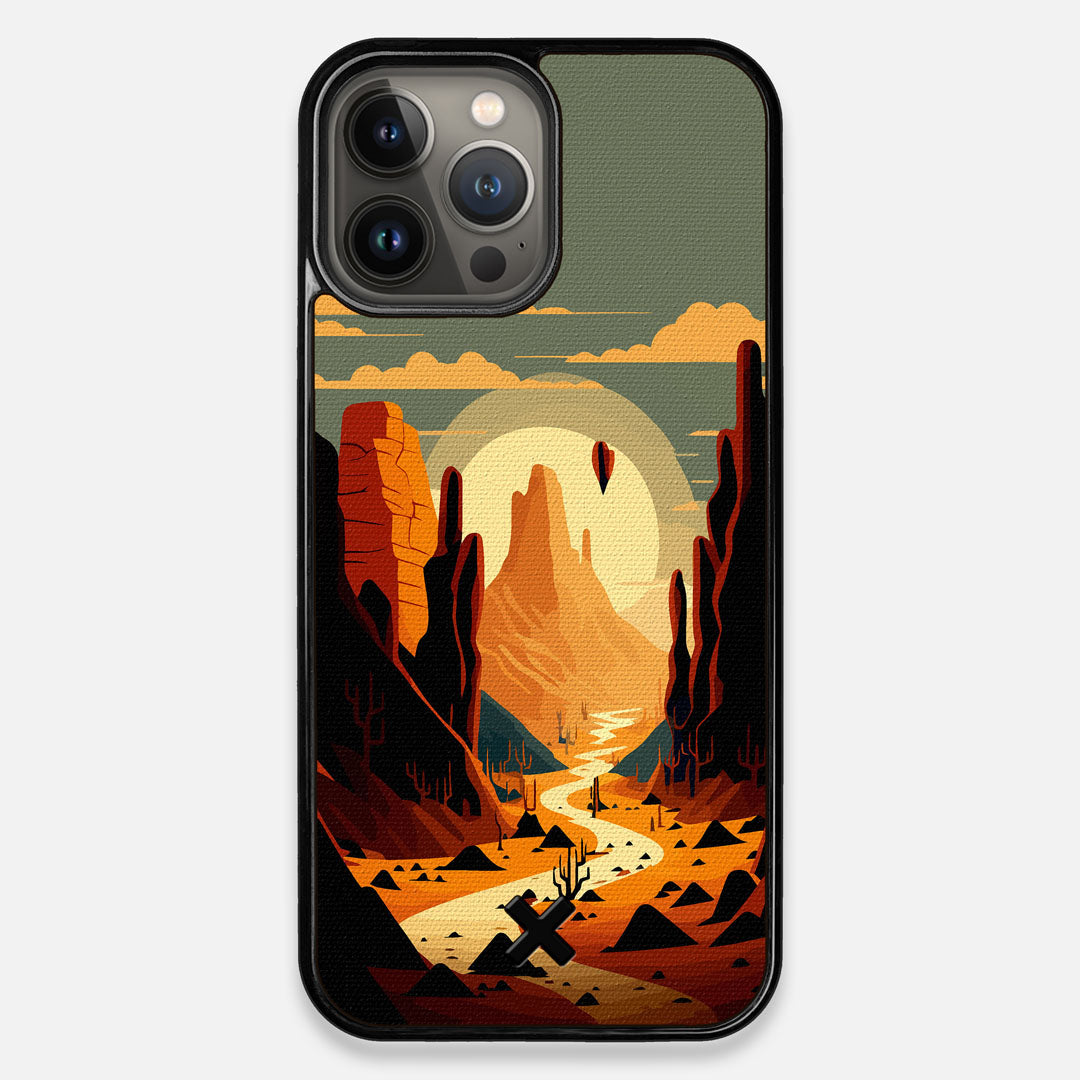 Front view of the stylized thin river cutting deep through a canyon sunset printed on cotton canvas iPhone 13 Pro Max Case by Keyway Designs