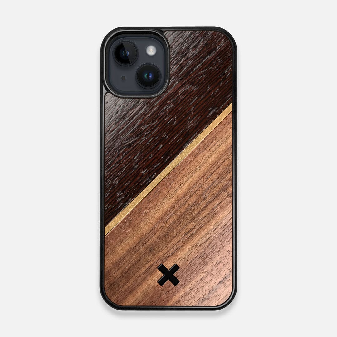 Front view of the Alium Walnut, Gold, and Wenge Elegant Wood iPhone 14 MagSafe Case by Keyway Designs