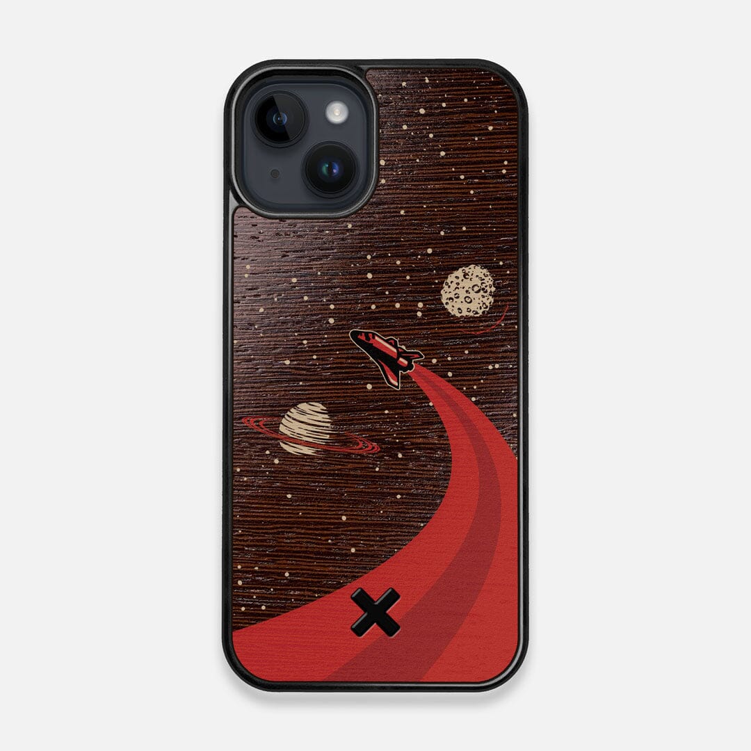 Front view of the stylized space shuttle boosting to saturn printed on Wenge wood iPhone 14 MagSafe Case by Keyway Designs