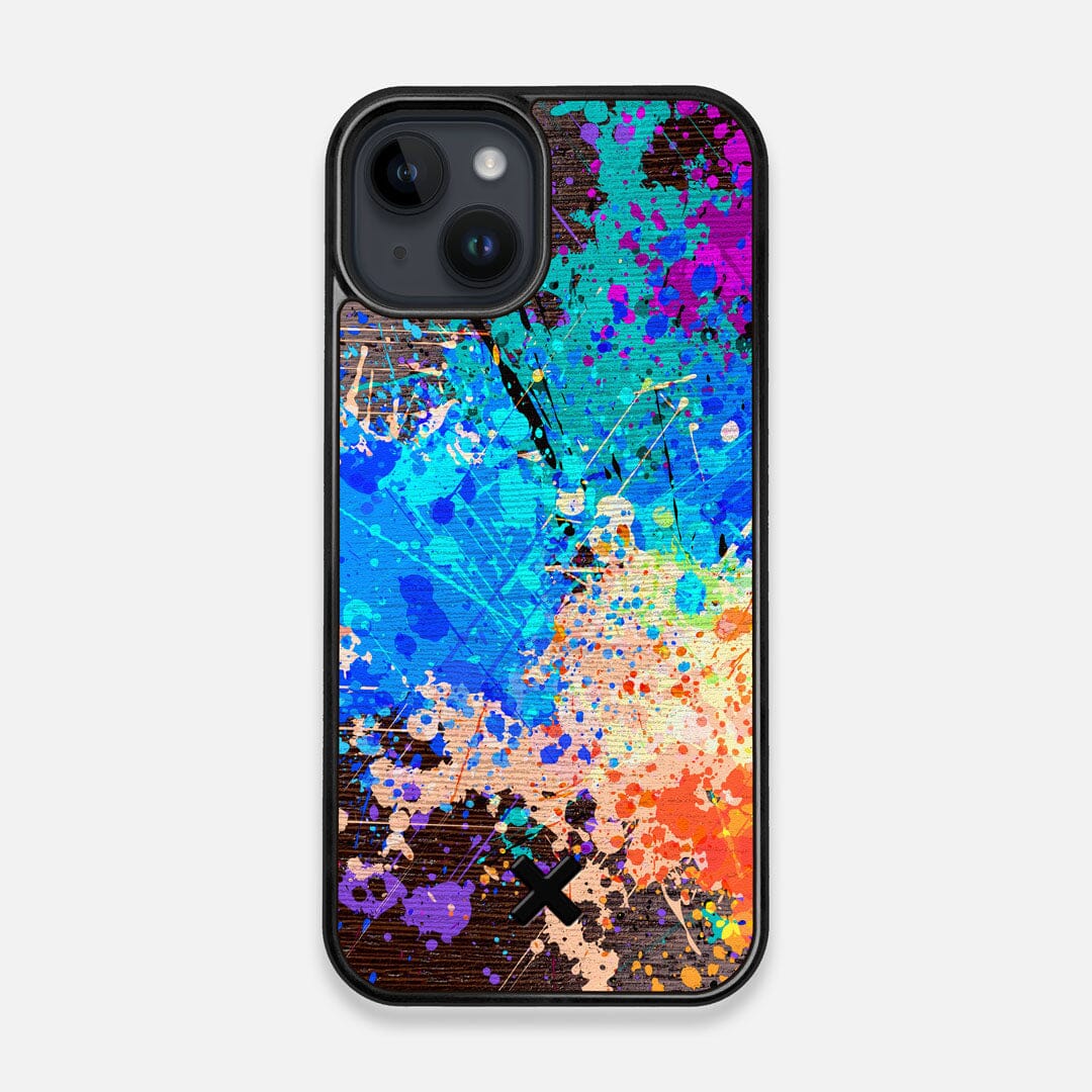 Front view of the realistic paint splatter 'Chroma' printed Wenge Wood iPhone 14 MagSafe Case by Keyway Designs