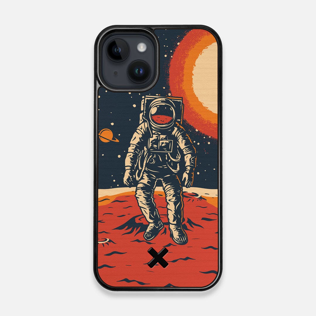 Front view of the stylized astronaut space-walk print on Cherry wood iPhone 14 MagSafe Case by Keyway Designs