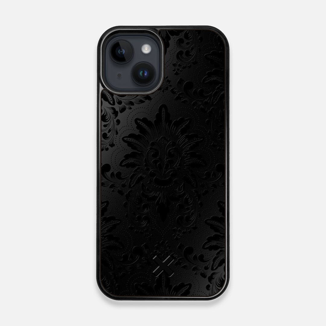 Front view of the detailed gloss Damask pattern printed on matte black impact acrylic iPhone 14 MagSafe Case by Keyway Designs