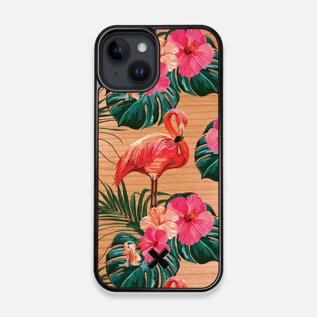 Front view of the Flamingo & Floral printed Cherry Wood iPhone 14 MagSafe Case by Keyway Designs