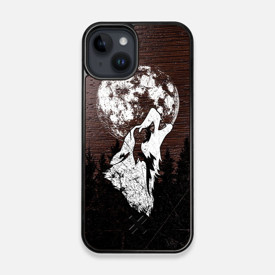 Front view of the high-contrast howling wolf on a full moon printed on a Wenge Wood iPhone 14 MagSafe Case by Keyway Designs