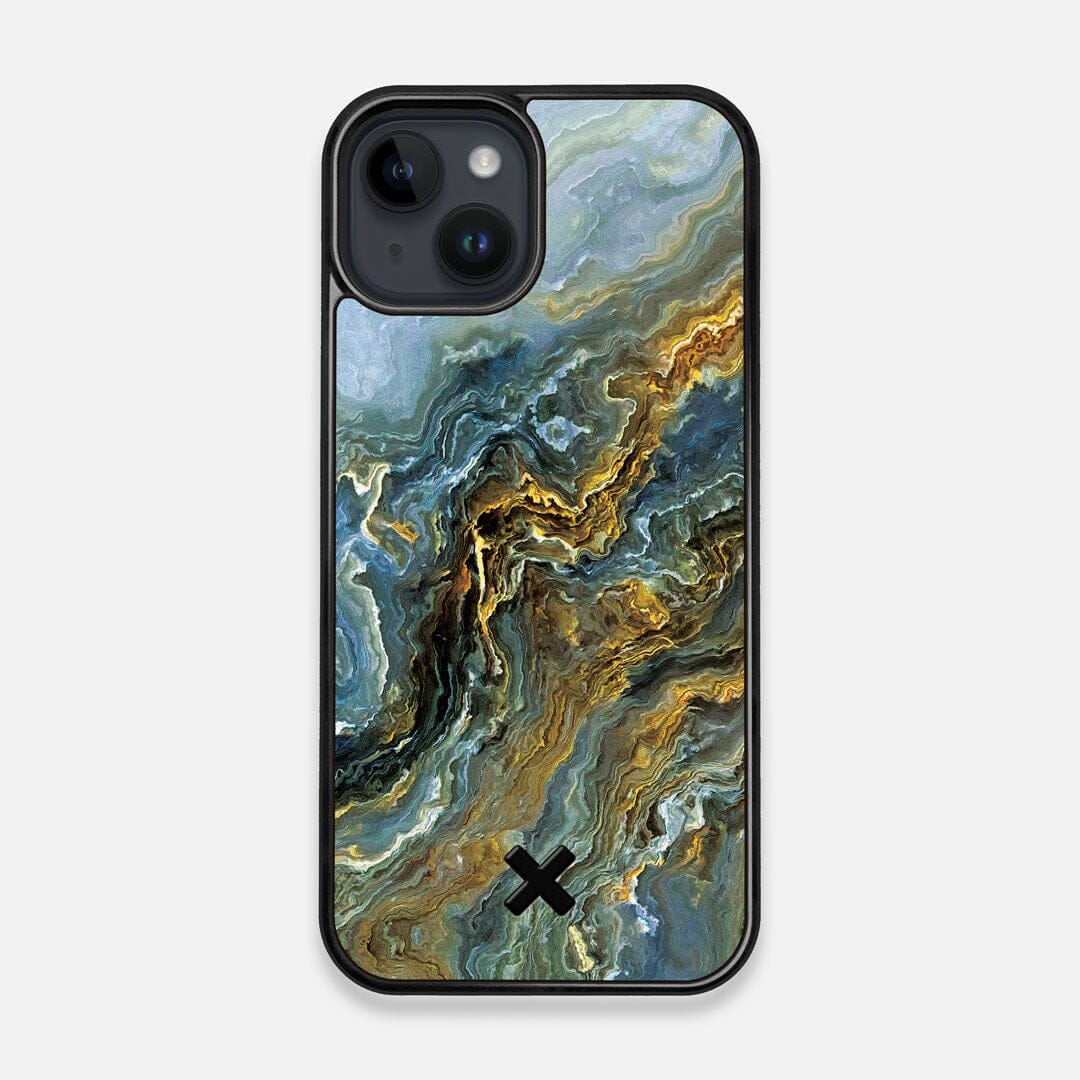 Front view of the vibrant and rich Blue & Gold flowing marble pattern printed Wenge Wood iPhone 14 MagSafe Case by Keyway Designs