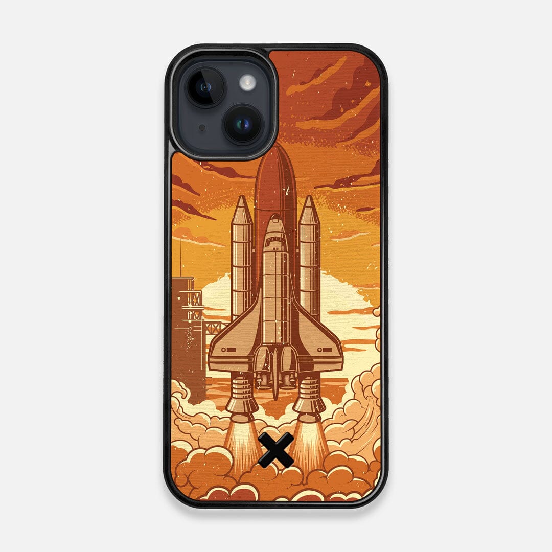 Front view of the vibrant stylized space shuttle launch print on Wenge wood iPhone 14 MagSafe Case by Keyway Designs