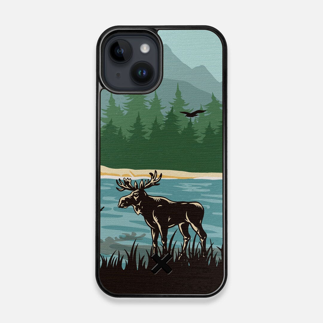Front view of the stylized bull moose forest print on Wenge wood iPhone 14 MagSafe Case by Keyway Designs