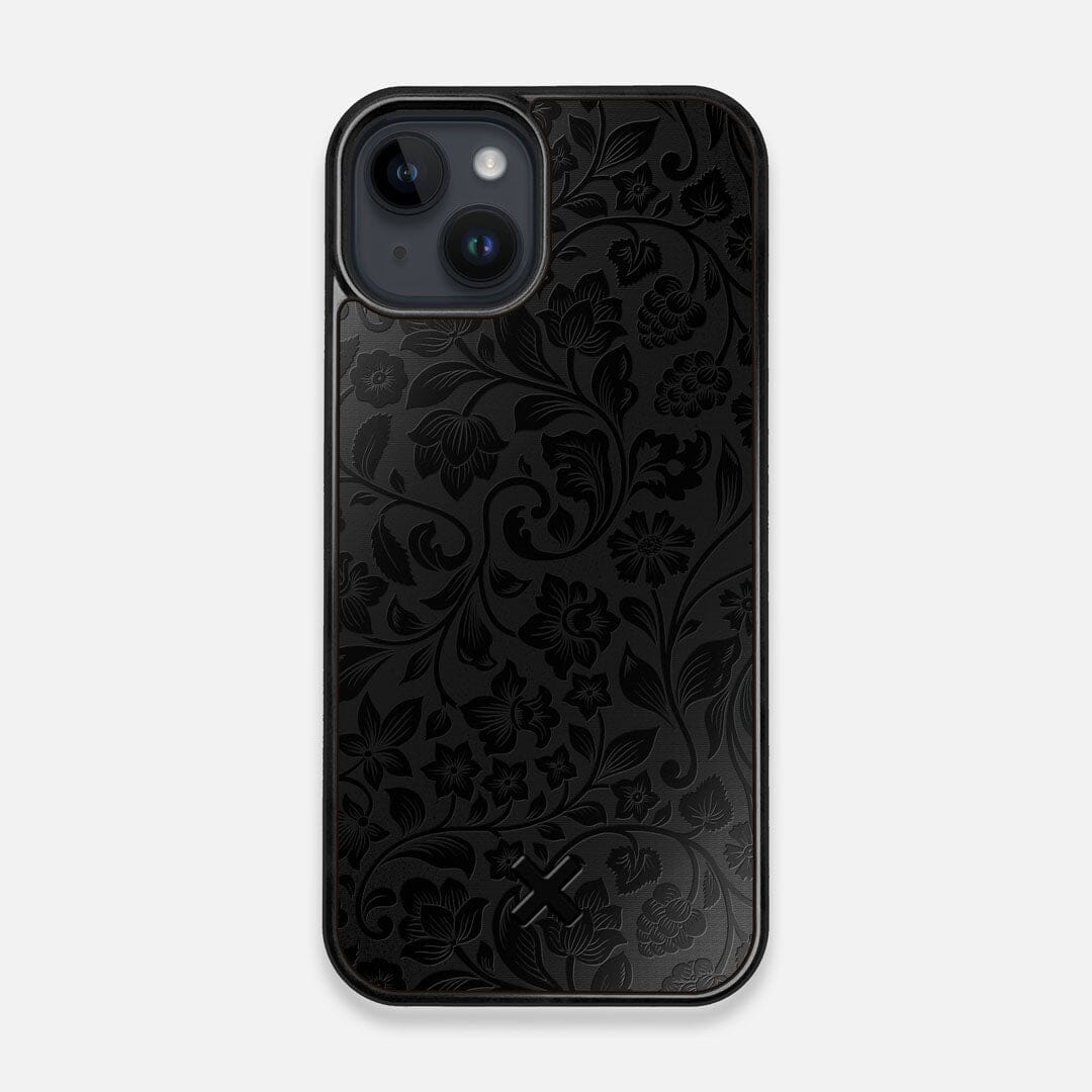 Front view of the highly detailed midnight floral engraving on matte black impact acrylic iPhone 14 MagSafe Case by Keyway Designs