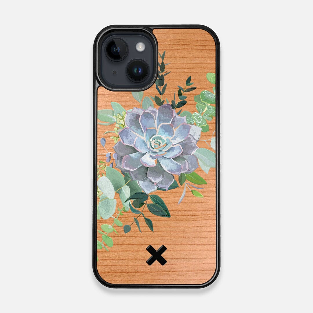 Front view of the print centering around a succulent, Echeveria Pollux on Cherry wood iPhone 14 MagSafe Case by Keyway Designs