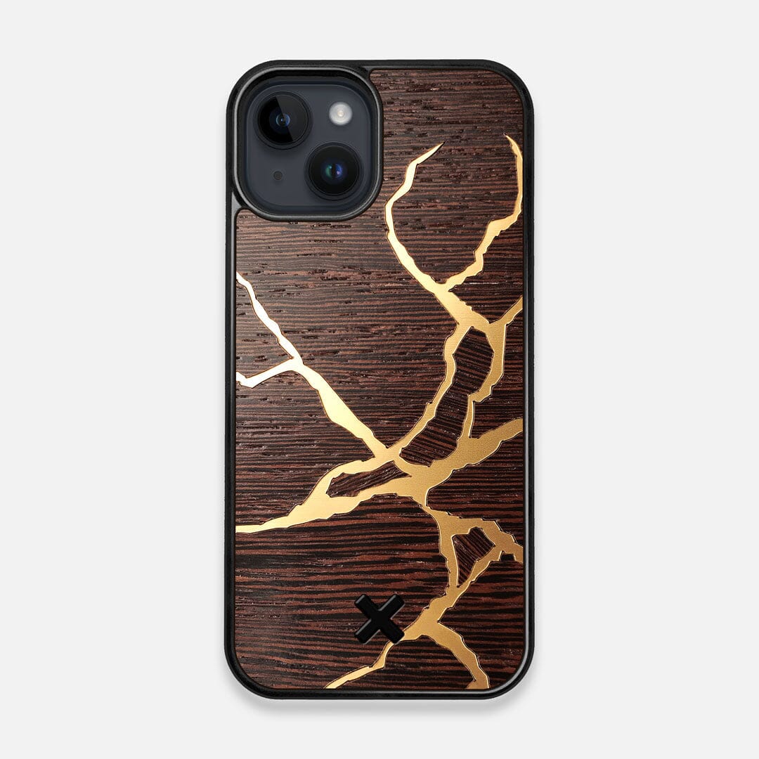 Front view of the Kintsugi inspired Gold and Wenge Wood iPhone 15 MagSafe Case by Keyway Designs