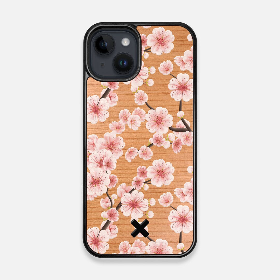 Front view of the Sakura Printed Cherry-blossom Cherry Wood iPhone 14 MagSafe Case by Keyway Designs