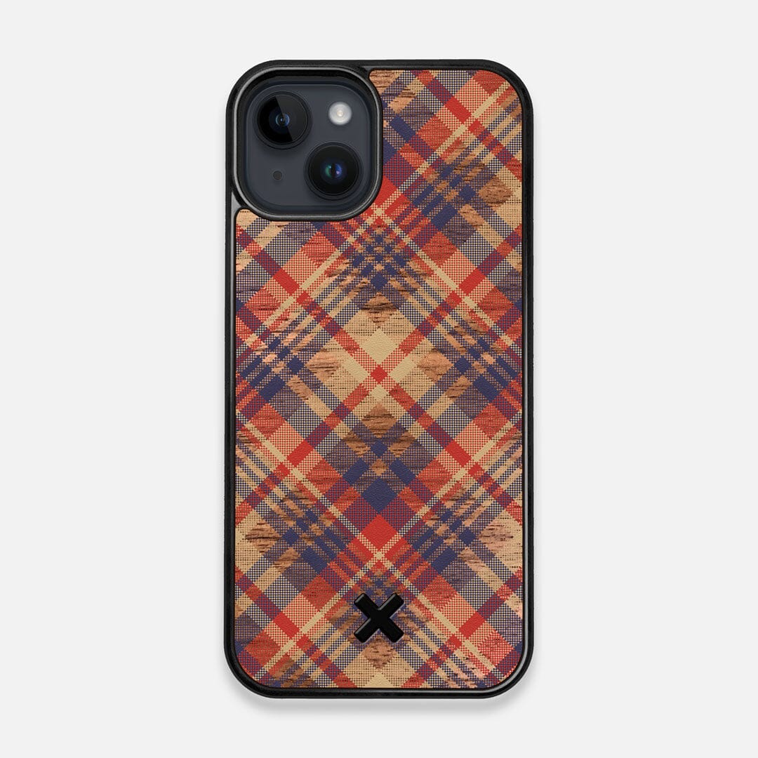 Front view of the Tartan print of beige, blue, and red on Walnut wood iPhone 14 MagSafe Case by Keyway Designs