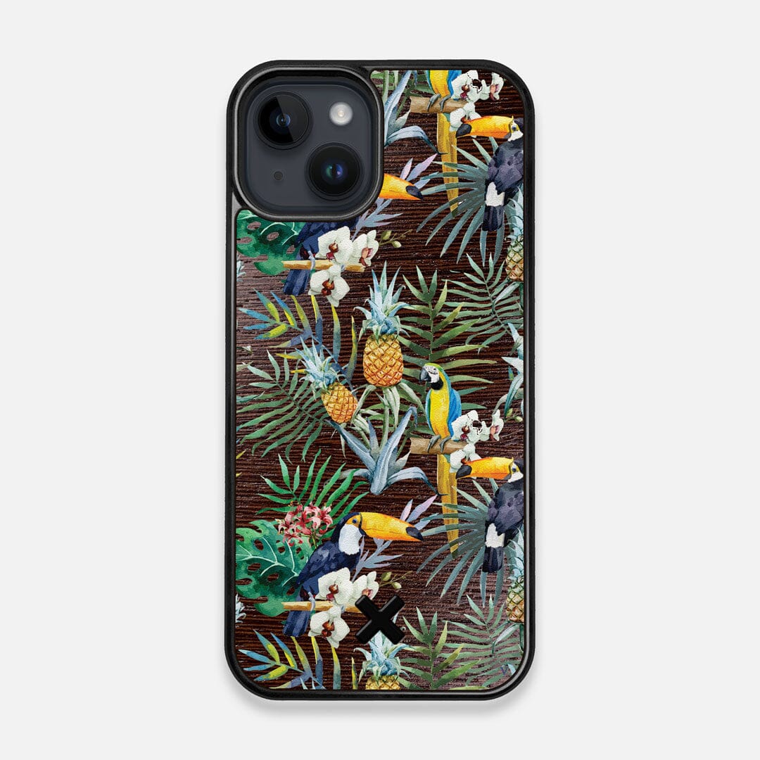 Front view of the Tropic Toucan and leaf printed Wenge Wood iPhone 14 MagSafe Case by Keyway Designs