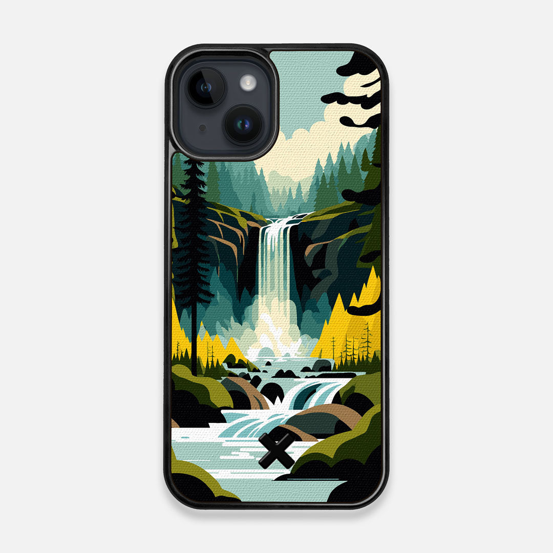 Front view of the stylized peaceful forest waterfall making it's way through the rocks printed to cotton canvas iPhone 14 MagSafe Case by Keyway Designs