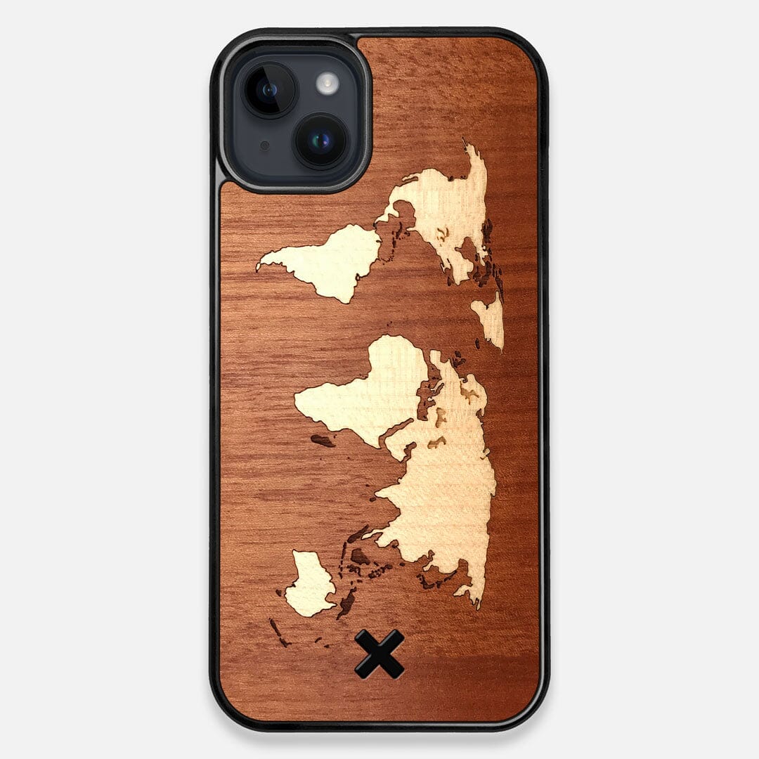 Front view of the Atlas Sapele Wood iPhone 14 Plus MagSafe Case by Keyway Designs