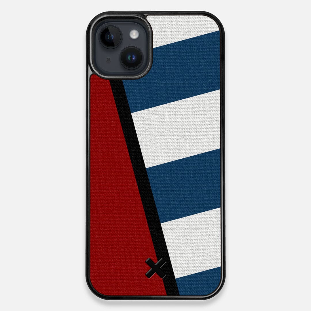 Front view of the Bluff Adventure Marker in the Wayfinder series UV-Printed thick cotton canvas iPhone 15 Plus MagSafe Case by Keyway Designs