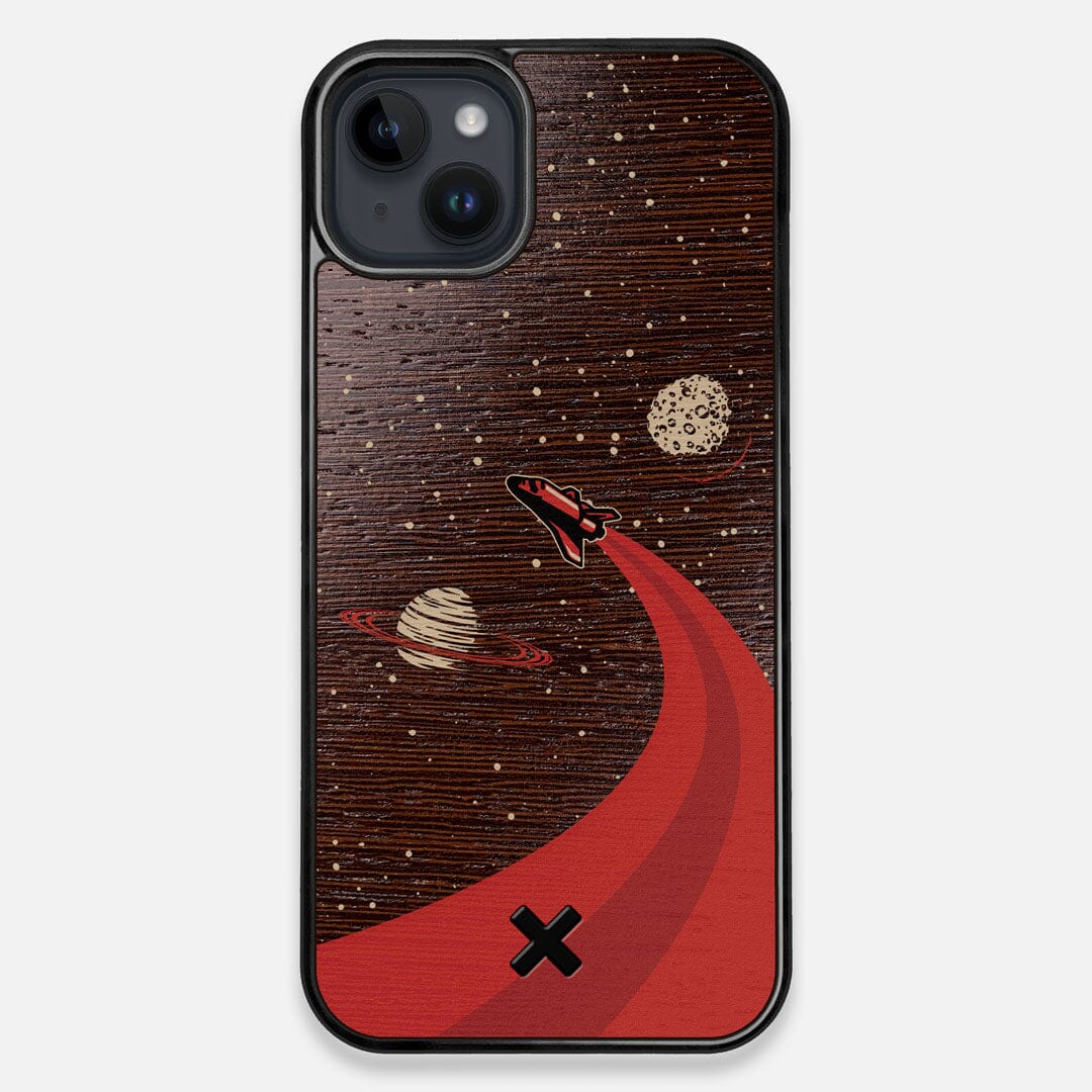 Front view of the stylized space shuttle boosting to saturn printed on Wenge wood iPhone 14 Plus MagSafe Case by Keyway Designs