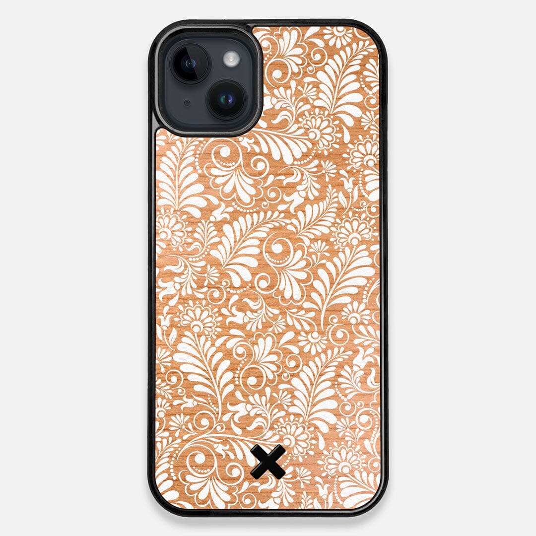 Front view of the white ink flowing botanical print on Cherry wood iPhone 14 Plus MagSafe Case by Keyway Designs