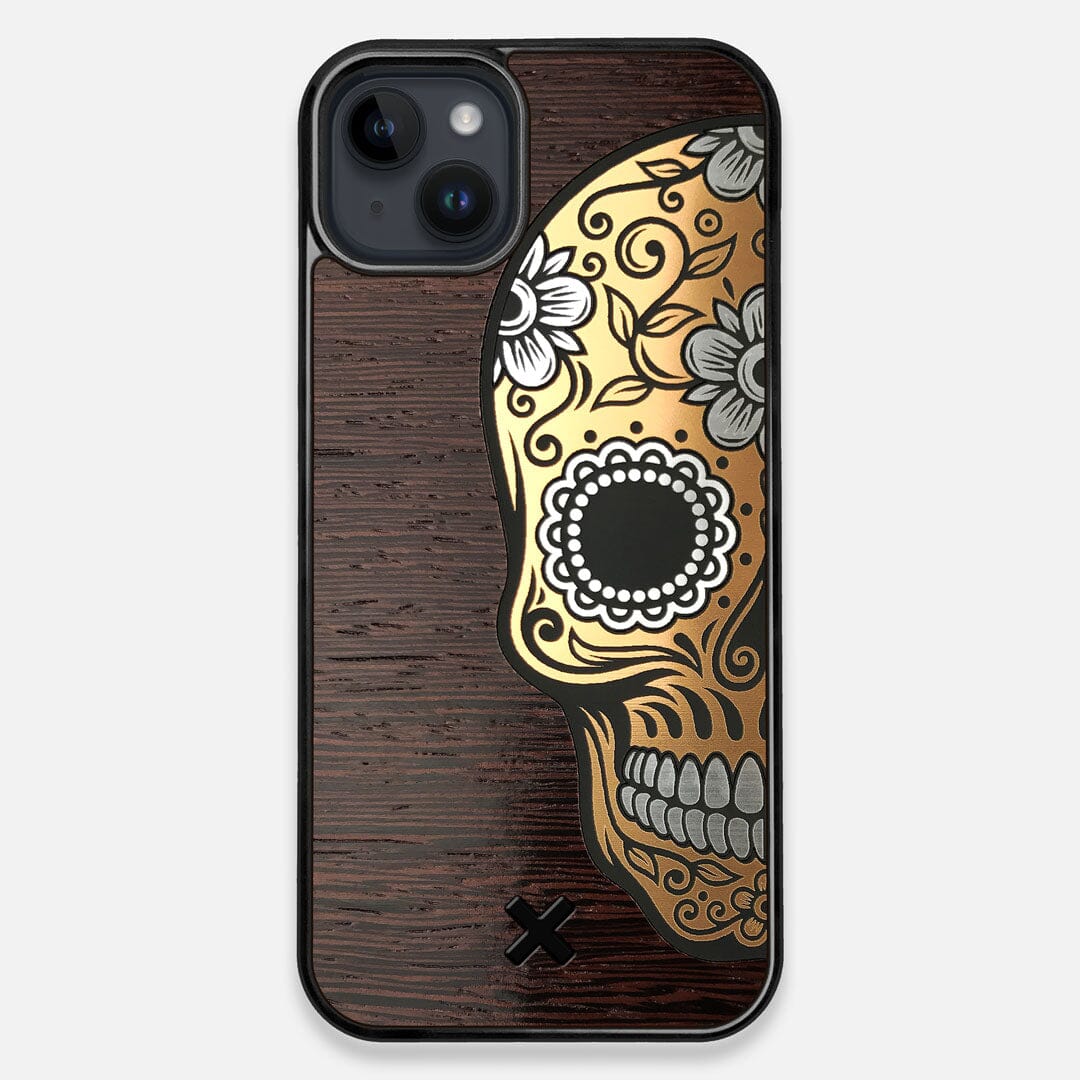Front view of the Calavera Wood Sugar Skull Wood iPhone 14 Plus MagSafe Case by Keyway Designs