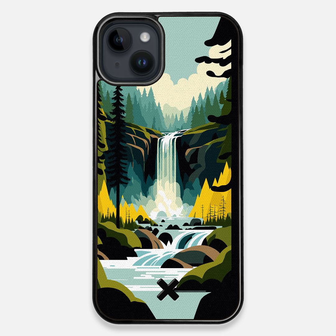 Front view of the stylized peaceful forest waterfall making it's way through the rocks printed to cotton canvas iPhone 14 Plus MagSafe Case by Keyway Designs